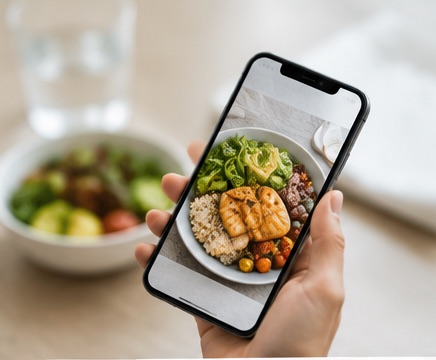 スマホで食事の写真を撮る手元